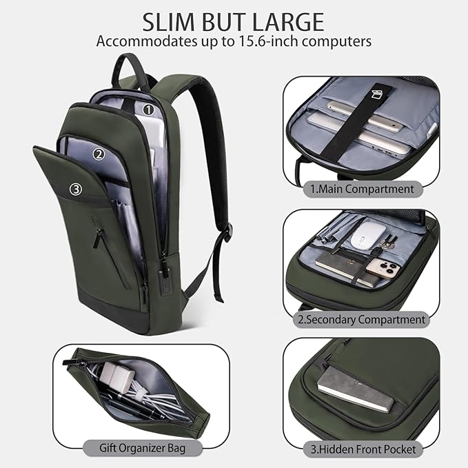 Business Backpack for Men Lightweight Commute Laptop Backpack Anti-Theft Water Resistant Backpack for 15.6 Inch Computer for Daily Office Work with Small Bag (Green, 15.6")