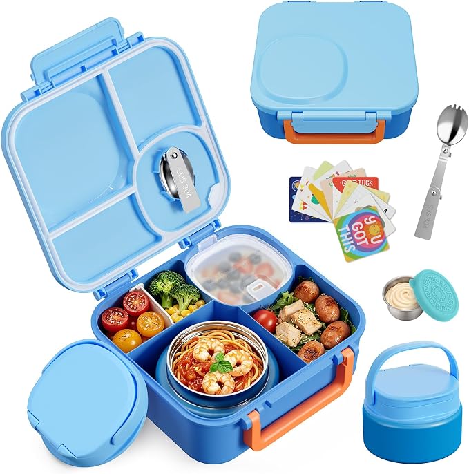 wiwens Kids Bento Lunch Box with Soup Thermo Food Lunch Container for Kid | 4 Compartment Leak-Proof Kids Lunch Box,9oz Stainless Steel Insulated Hot Food Jar,for Boys Girls Toddler to School Travel