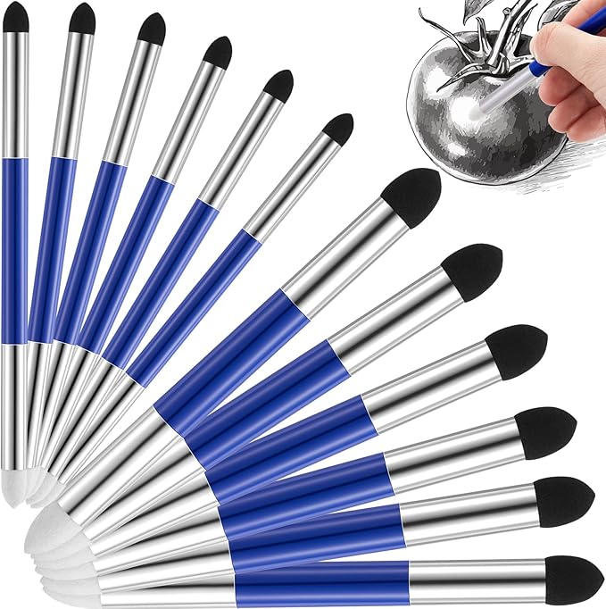 Kosiz 12 Pcs Blending Sponge Pen Double Headed Rub and Buff Washable Sketch Rubbing Sponge Brush Wipe Reusable Blending Stump Drawing Art Blenders for Artist Highlight Shadow Detail Tool (Blue)