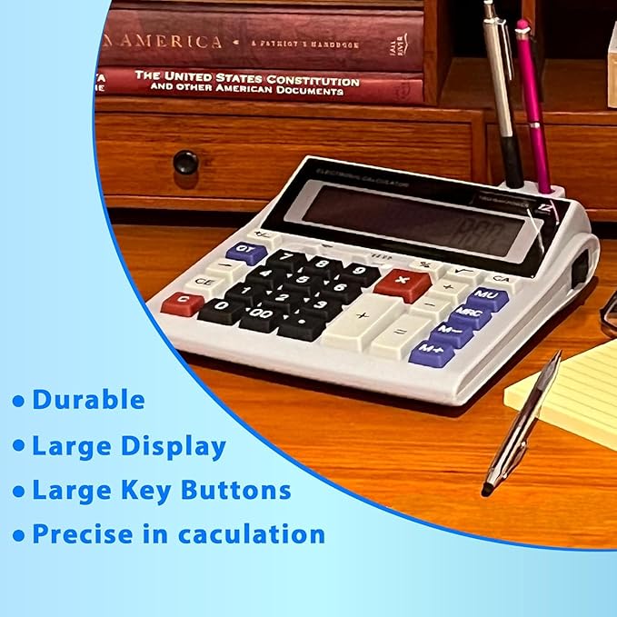 Lily's Home 12-Digit Large Desktop Calculator with Pen Holder, Dual Power (Solar & Battery) - Big Button 5 Inch LCD Display for Office, School, Home, Accounting, Taxes, and Back to School Supplies