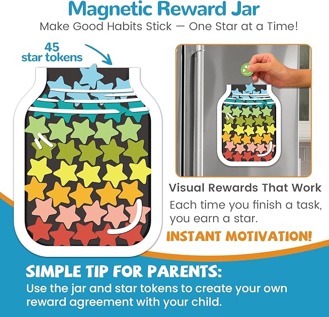 JJPRO Magnetic Reward Chart for Kids with Reward Jar- Behavior Reward Chart System, Toddlers Daily Routine,Weekly Chore Chart,96 Reusable Stickers& 45 Star Tokens to Motivate Responsibility-Blue
