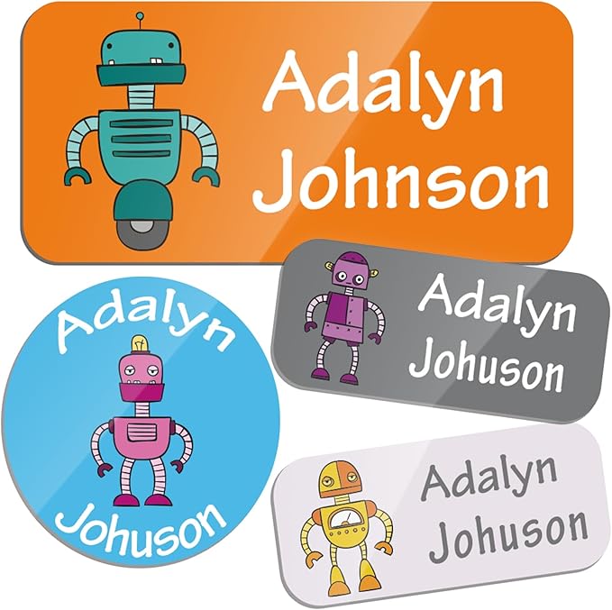Custom Personalized Name Labels for Kids-(200-1000Labels) Waterproof Name Stickers Tags for School&Daycare,Clothing Tags,Washable&Durable Labels for Lunch Boxes, Bottles,Toys&GEA (Robots)