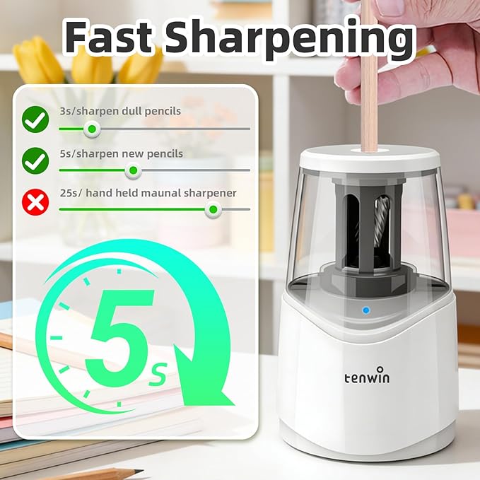 tenwin Rechargeable Pencil Sharpener for No.2 & Colored 6-8mm Pencils, Heavy Duty Electric Pencil Sharpener, Durable Helical Blade for Fast Sharpen, Home/School/Art Studio (White)