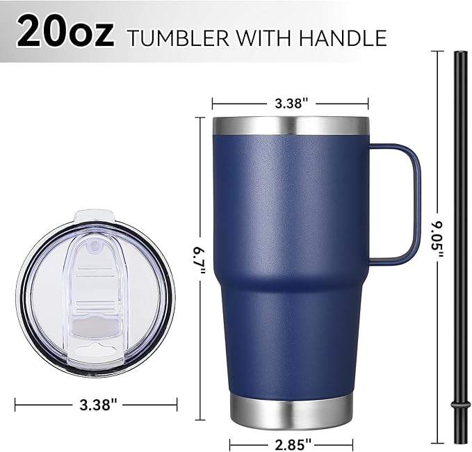 VEGOND 20 oz Tumbler with Handle Lid and Straw, Stainless Steel Insulated Travel Coffee Mug Spill Proof Double Wall Metal Tumbler Cup Keeps Drink Hot and Cold, Navy Blue 1 Pack