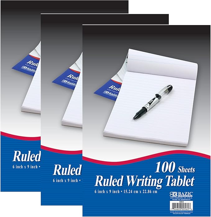 BAZIC Products Writing Pad 100 Sheets 6" X 9", Lined Ruled Memo Writing Notebook, Easy Tear Note Paper for Office School Home, 3-Pack