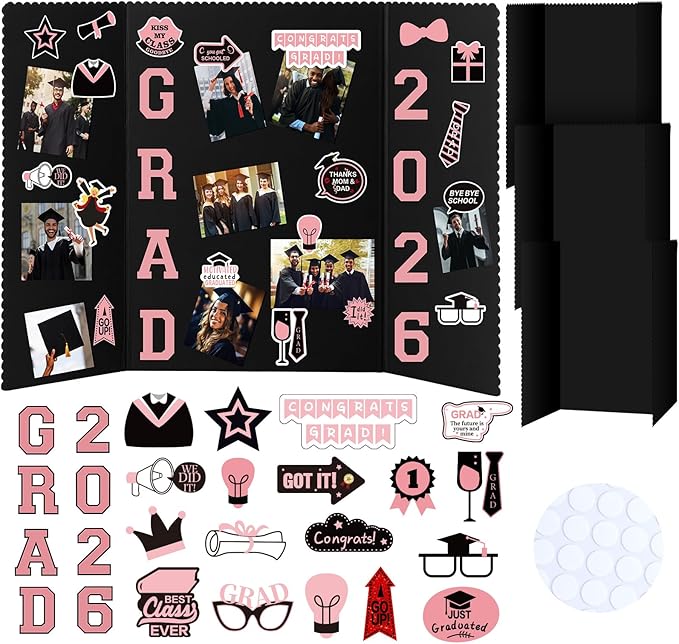 MiniInflat 4 Set 2026 Graduation Picture Trifold Poster Board Double-Sided Foldable Photo Display Board Graduation Decoration for Class of 2026 High School College DIY Craft(Pink,24 x 16 Inches)