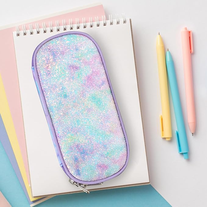Cambond Pencil Case for Girls - School Pencil Pouch Kids, Glitter Purple | Cute Pencil Case for Kids With Name Card and Slot, Girls Aesthetic Shool Supplies for Staionary, Water-Resistent Pen Bag