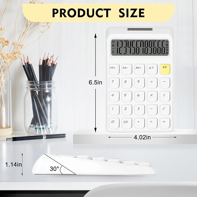 Cute Calculator, Calculators Desktop, White Calculator Big Buttons, Solar and Battery Dual Power, 12-Digits Large LCD Display, Desk Calculators for Office Home School Basic Business (White)