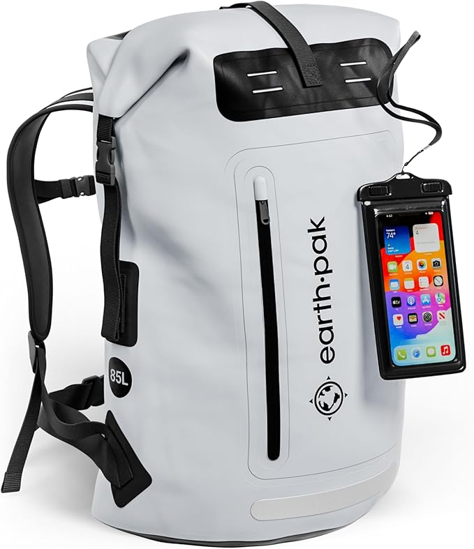 Waterproof Dry Bag Backpack 85L - Kayaking Boating Fishing Rafting Marine | Gray 85L dry bag: 500D PVC, abrasion resistant build, IPX8 phone case for river and lake trips