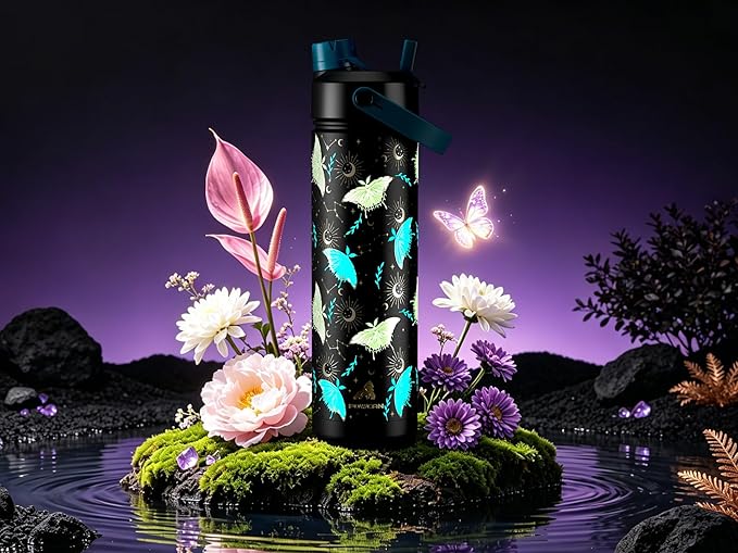 POWCAN 26 oz Insulated Water Bottle with 2-in-1 Straw and Spout Lid, Glow-in-the-Dark, 24H Cold, Leakproof, Fits in Car Cup Holder, Stainless Steel for Gift, Sports, Travel, School (Gilded Flutter)