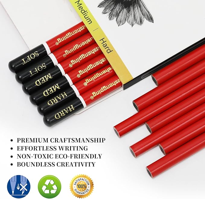 Charcoal Pencils Drawing Set, 12 Pieces Soft, Medium and Hard Black Sketch Charcoal Pencils for Drawing, Sketching, Shading, Blending, Artist Pencils for Beginners & Pro Artists