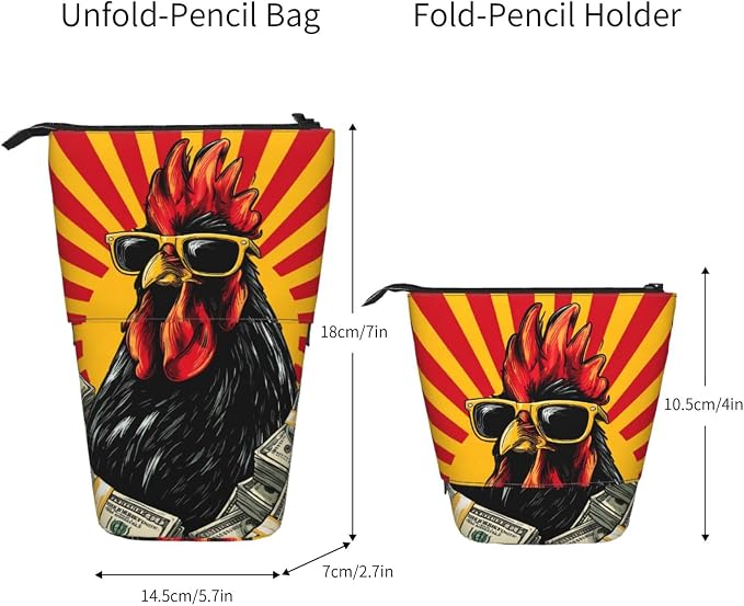 Funny Rooster Kids Standing Pencil Case Girls Boys Telescopic Stationary Pouch with Zipper Large Capacity Stand up Pen Bag Portable Makeup Holder for Children School Students Office Supplies