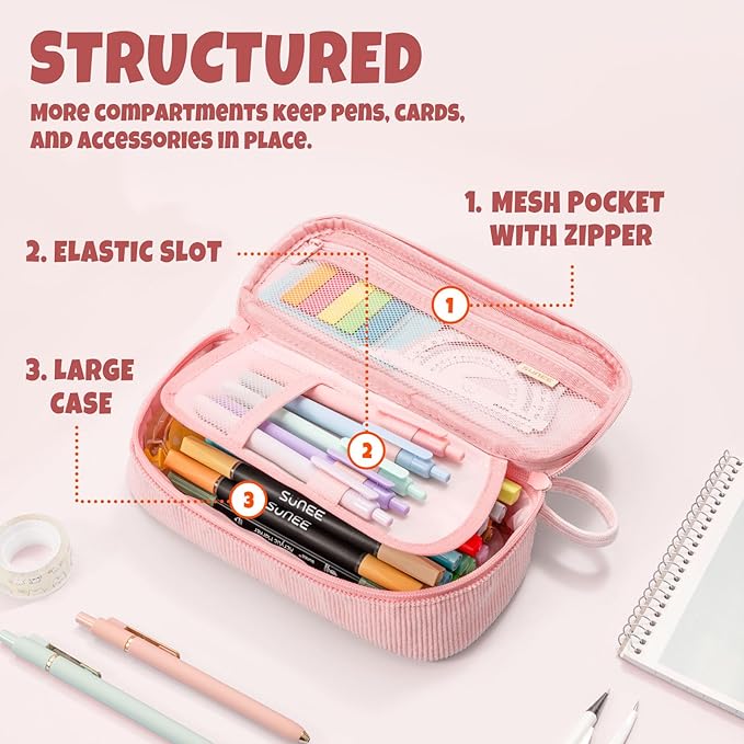 SUNEE Cute Pencil Case, Large Capacity Pencil Pouch Aesthetic Zipper Pencil Bag, Big Storage Pen Organizer for Stationery, Soft Corduroy Pencil Box Back to School Supplies for Teen Girls Boys, Pink