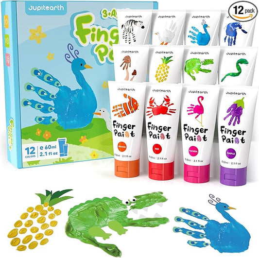JUPITEARTH 28 PCS Finger Paint, Washable Paint for Todllers 1-3, Non-Toxic 12 Vibrant Colors (2.1fl oz/60ml ) , Palette, Apron, Brush, Eye Stickers, Baby Safe Paints for Hand and Feet, Safe Preschool Art Supplies for Kids