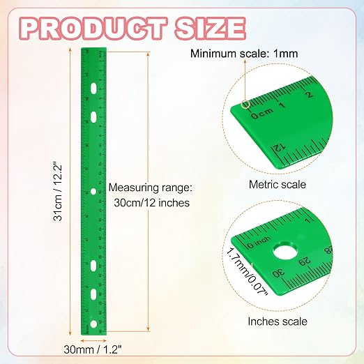 HARFINGTON 20pcs Plastic Rulers 12" (30cm) Clear Straight Ruler Measuring Tool Inches and Centimeters with Hole for Home Office Classrooms Drafting, Green