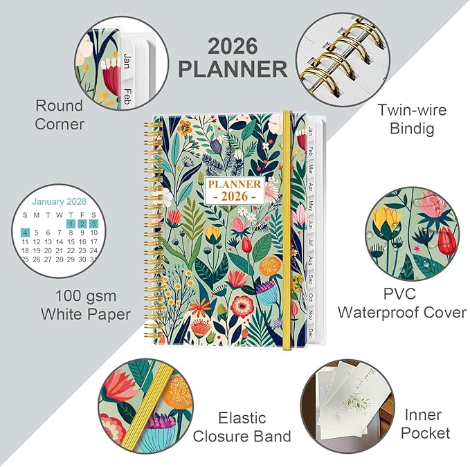 2026 Planner - Planner 2026 from January 2026 - December 2026, Weekly & Monthly Planner Spiral Bound with 12 Monthly Tabs, Inner Pocket, 6.4" x 8.5", Flower-E