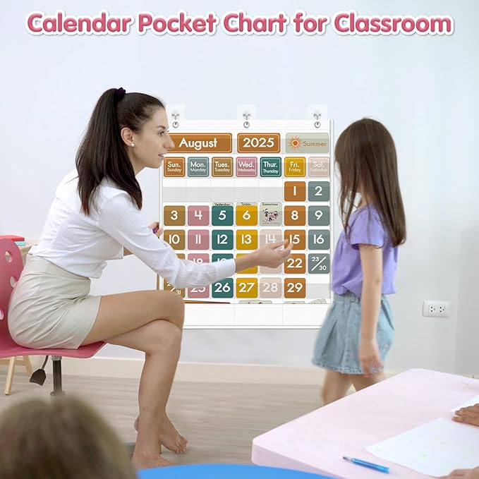 48 Pockets Classroom Calendar for Kids Learning, Pocket Chart Calendar Decor with Special Educational Cards, Teacher and Classroom Must Have Supplies, Boho