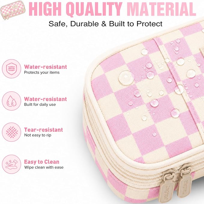 Pencil Case, Large Capacity Aesthetic Pencil Cases with Durable Zipper, Big Stationery Pencil Pouch for Women & Men , Adults Portable Storage Organizer Bag for College, Office, Travel (Pink Grid)