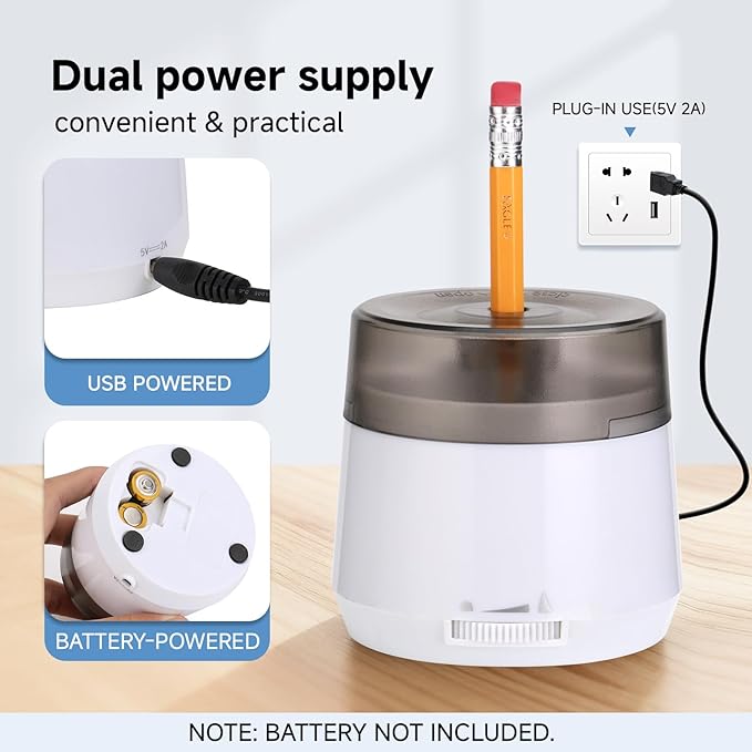 Electric Pencil Sharpener, Dual Power USB Battery Operated, Portable Design for 6-8mm Pencils, Home School Office Use (White)