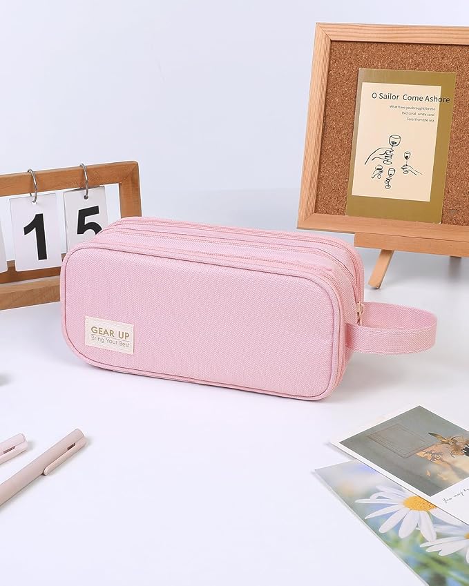 SKYDUE Large Capacity Pencil Case with Handle, 3 Compartment Canvas Pencil Pouch, Cute Soft Color Pencil Bag for Pens, Markers, Aesthetic Stationery and Organizer for Teen Girls Adult, Pink