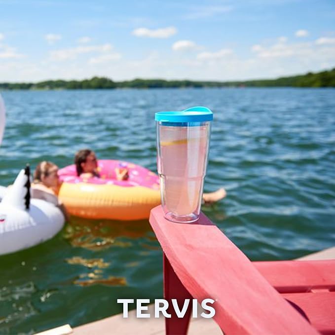 Tervis Clear & Colorful Lidded Made in USA Double Walled Insulated Tumbler Travel Cup Keeps Drinks Cold & Hot, 24oz, Pink Lid