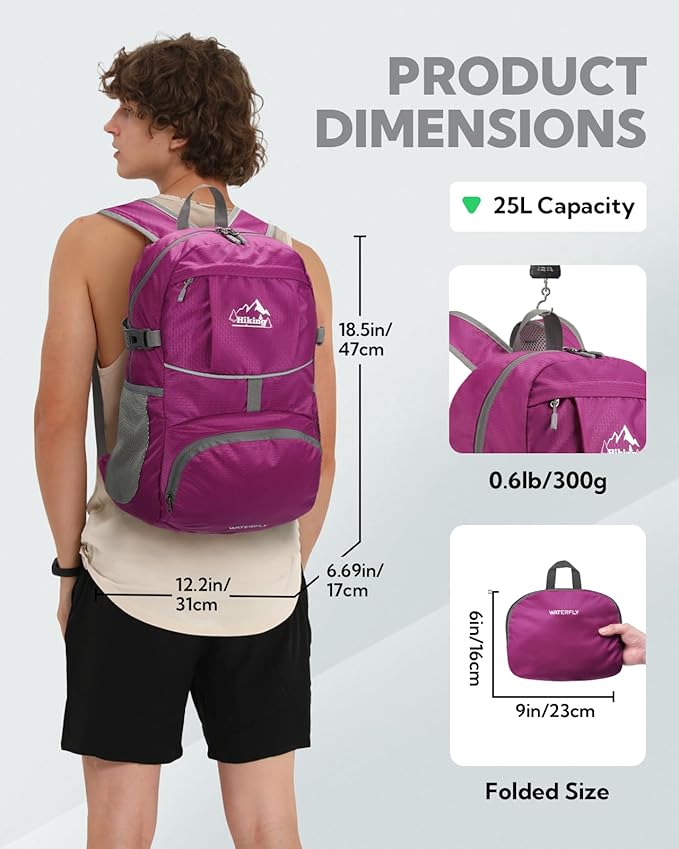 WATERFLY Hiking Packable Daypack Backpack: 25L Ultra Lightweight Day Pack for Women Men - Small Compact Folding Back Pack for Outdoor Sport Cycling Camping Travel Trip - Rose red