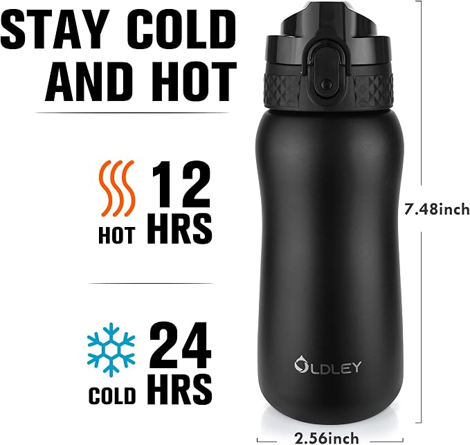 Oldley Insulated Water Bottle 12oz Water Bottles with Straw, Stainless Steel Water Bottle with 2 Lids, Double Wall Vacuum Bottels for Adults Kids, Leak-Proof Sport Bottles for School Travel, Black