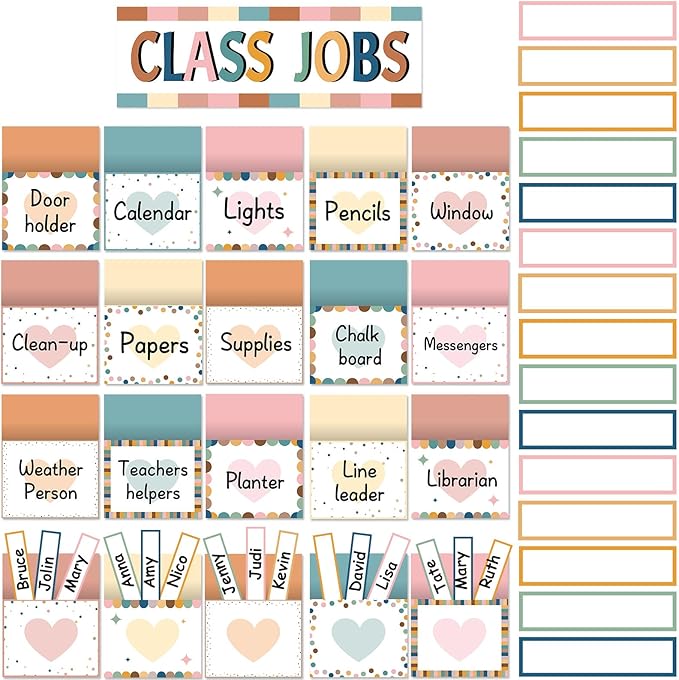 81 Piece Boho Class Jobs Bulletin Board Boho Welcome Classroom Jobs Pocket Chart Set Teacher's Helper Chalkboard Decor Classroom Bulletin Board Set Wall Decoration for Back to School