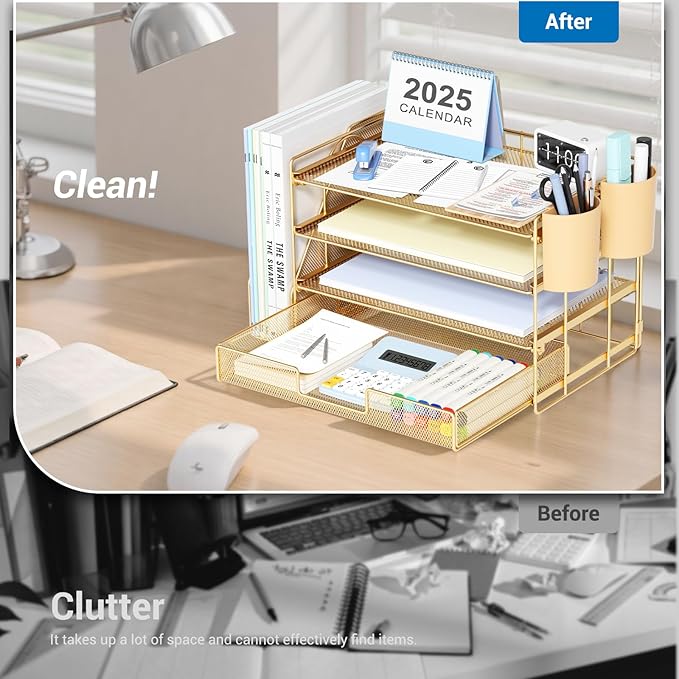 OPNICE Desk Organizers and Accessories, 4-Tier Desktop File Organizer with Drawer and 2 Pen Holders, Office Desk Accessories, Workspace Organizers for Office Supplies(Gold)