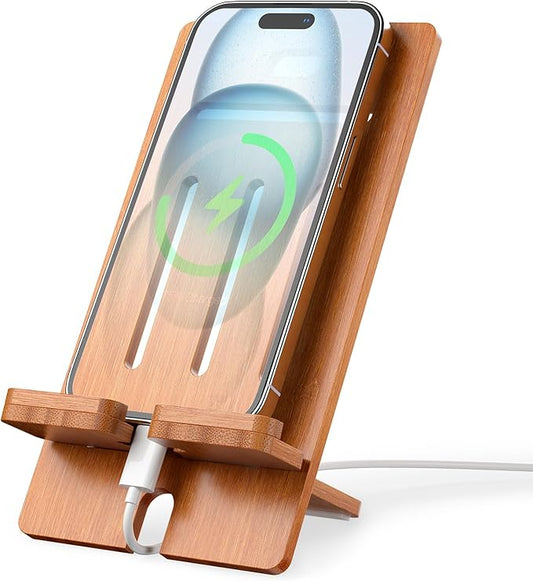 Pezin & Hulin Bamboo Cell Phone Stand, Wood Dock Holder, Portable Desktop Phone Rack, Compatible with Mobile Phone and Tablet -Slim Version (Brown)