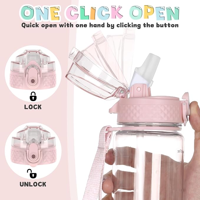 OLDLEY 17oz Kids Water Bottle, Tritan BPA-Free, Leakproof Flip Straw Lid, Motivational Time Marker, Carry Strap, Reusable Clear Water Bottle for Boys & Girls,Cherry Blossom
