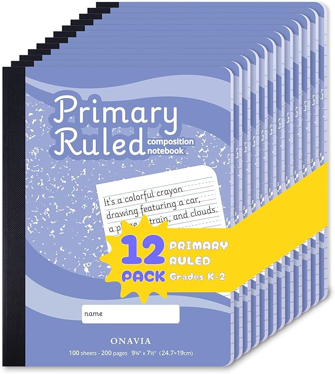 ONAVIA Primary Composition Book, 12 Pack, Full Primary Ruled, Grades K–2, 9-3/4”x7-1/2”, Classroom Writing Notebooks for Kids, Cornflower Blue