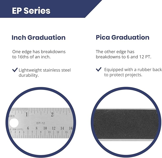 Pacific Arc Stainless Steel Ruler with Inch and Pica Measurements, 6 Inches Rubber Backed