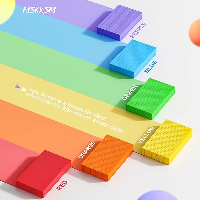 Colored Index Cards 3x5 Inch - 300 Count Flash Cards for Studing, Colored Note Cards 3x5 Cards Neon 3 by 5 Index Cards Ruled Colorful Notecards 3 x 5 Lined Neon Flashcards 6 Colors (50 Count Each)