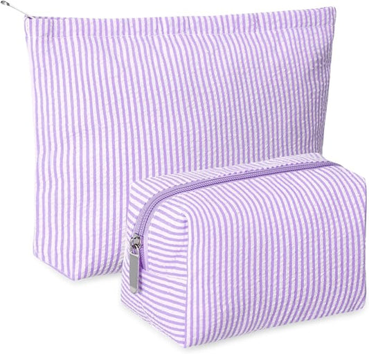 Huhumy 2 Pcs Makeup Bag Set for Women, Purple, Thin Striped Seersucker | Cute Cosmetic Pouch Women Travel Toiletry Bag Preppy Small Makeup Purse Pouch Aesthetic Skincare Brushes Storage Organizer