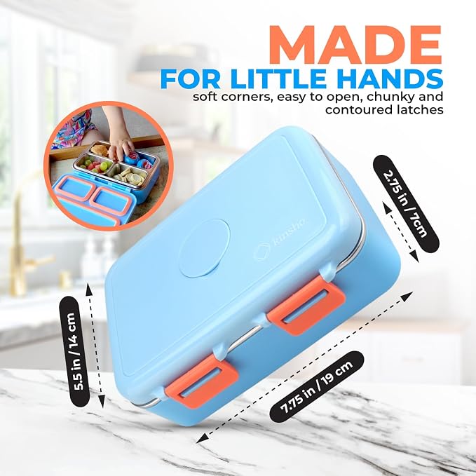 kinsho Small Stainless Steel Bento Box Lunch Container, Baby Toddlers, Blue | Mini Lunchbox, 3 Eco Metal Portion Sections, Leakproof Lid, Spill-Proof, 18 oz/ Boys Kids Snack Container Pre-School Daycare