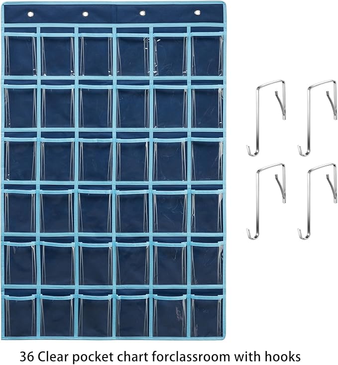 SAVERHO 36 Clear Pockets Classroom Pocket Chart for Cell Phone and Calculator Holder, Door Hanging Pocket Chart for Classroom Phone Holder with Number Sticker and Hooks (Blue)