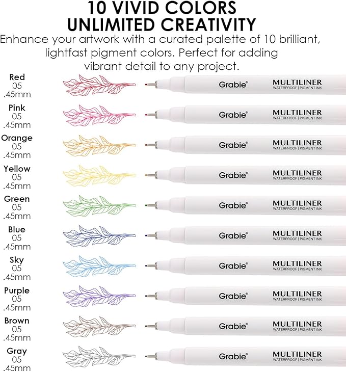 Grabie Micro Finerliner Pens, 10 Multicolor Fine Line Waterproof Drawing Pens, Assorted Point Sizes for Sketching, Illustration, Journaling, Art Supplies