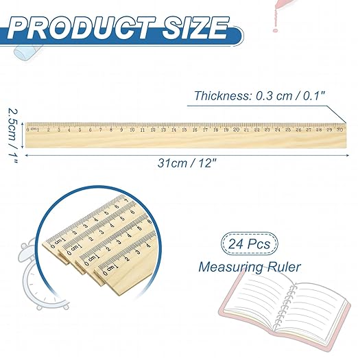 PATIKIL 12 Inch Wooden Rulers, 24Pcs Drafting Ruler Measuring Drafting Tools with Centimeters for Office Home Teacher Drawing Supplies, Wood