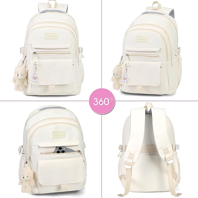 PRLINJSK Girls Backpack for College High Middle School Student, Cute Aesthetic Bookbag for Teens Women with Accessories,Khaki Beige