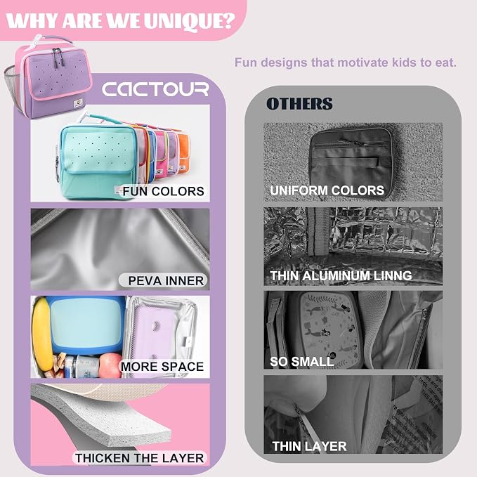 CaCTOUR Lunch Box Kids,Fun Color Lunch Box for Girls,Large Soft Cooler Lunch Bag for Kids,Back to School Thermal Insulated Lunch Tote Bag for School Daycare Outdoor (Light Purple)