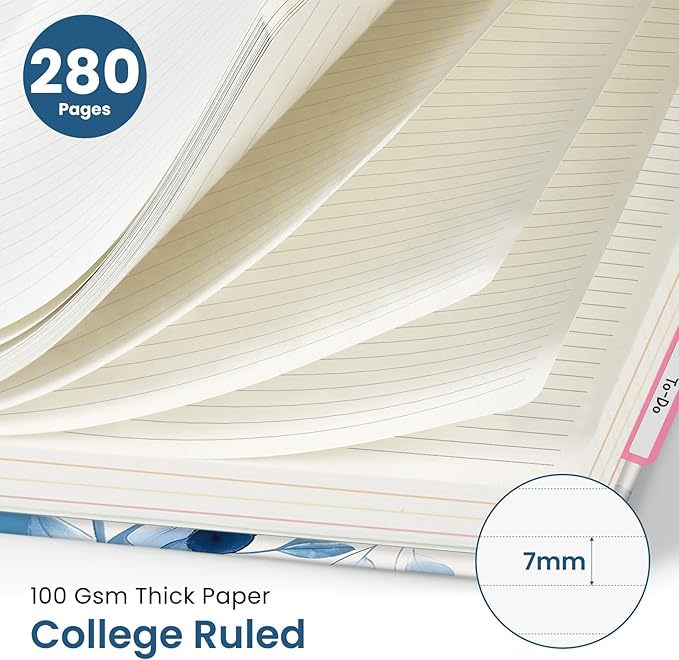 Large Spiral Lined Notebooks for Work with Removable Dividers & Tabs, 8.5"x11" Pretty Hardcover 5 Subject Notebook Journal for Women, College Ruled, Perfect for Study & Office Organization, 280 Pages,Blue Blooms