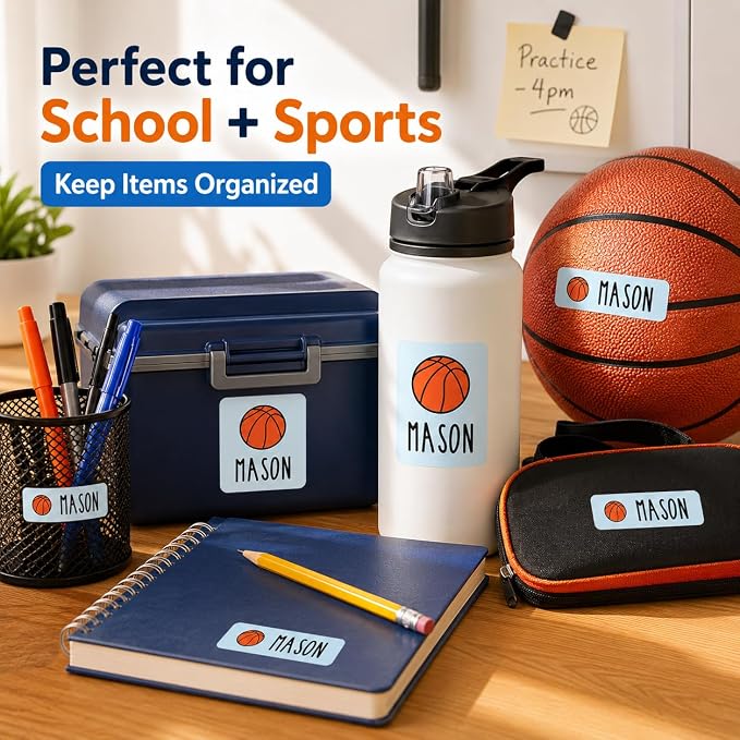 Andaz Press Custom Personalized Waterproof School Name Labels, Basketball, 120-Pack, Kids Labels Combo Pack, Customizable Multi-Use Name Stickers for Preschool, Daycare, Back To School Supplies, Sport