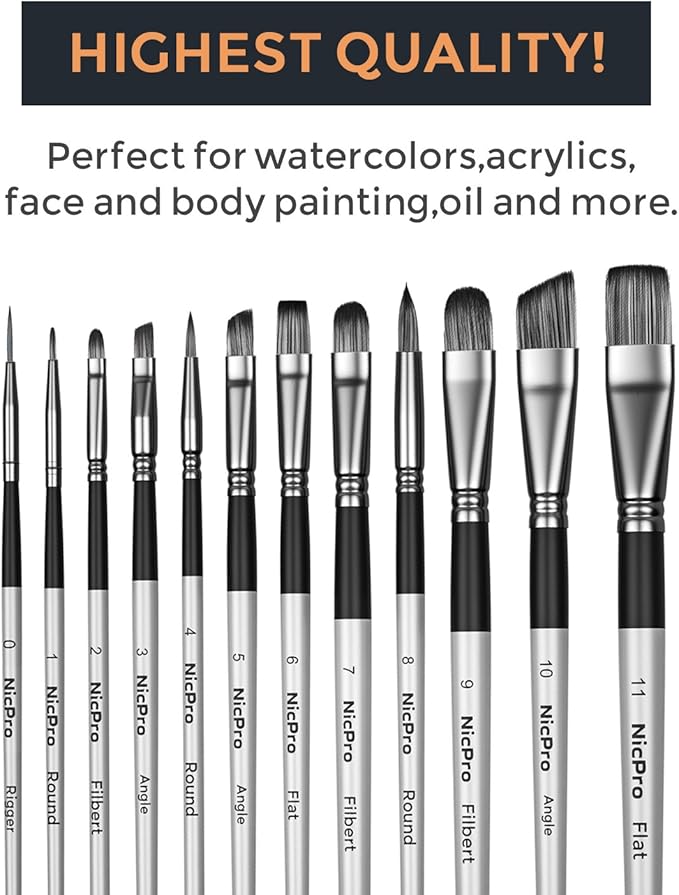 Nicpro 12PCS Artist Paint Brush Set, Craft Paint Brushes for Acrylic Painting, Oil, Watercolor, Gouache, Tempera, Face, Body, Fabric, Leather, Model, Art Supplies Paintbrushes for Artists Beginners