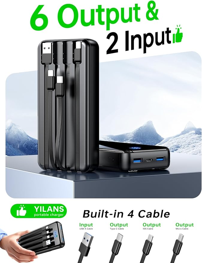 Portable Charger,50000mAh Power Bank Built-in Cable, 22.5W PD USB C In & Out Fast Charging, External Battery Pack with 6 Output & 2 Input, Travel Camping Essential for iPhone 17/16/15/14/13/12(Onyx)