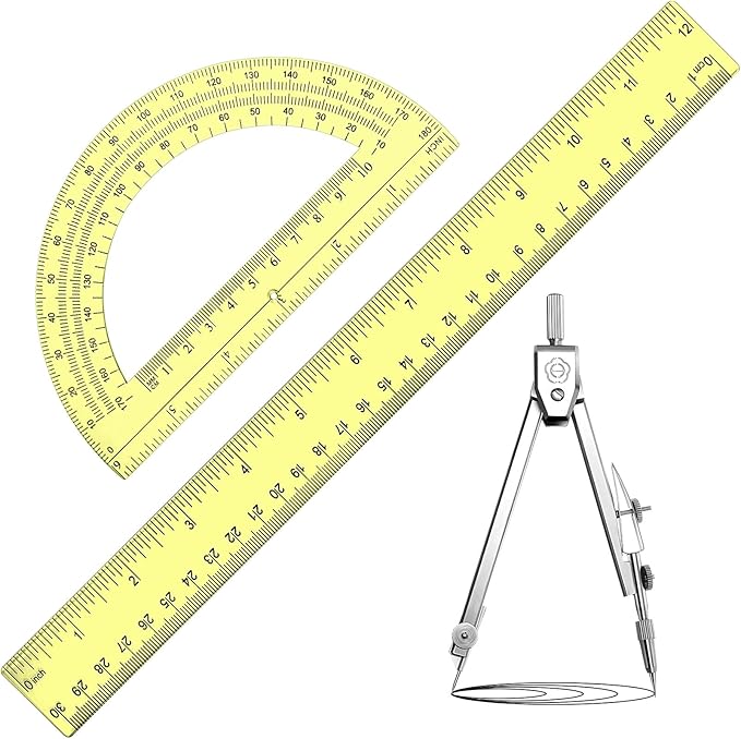 Zonon 3 Pcs Plastic Ruler 6 Inch Protractor Drawing Compass Set, Student Geometry Math Transparent Measuring Tools for Home School Classroom Office Supplies(12 Inch,Yellow)