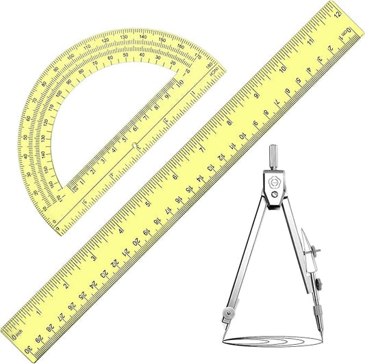 Zonon 3 Pcs Plastic Ruler 6 Inch Protractor Drawing Compass Set, Student Geometry Math Transparent Measuring Tools for Home School Classroom Office Supplies(12 Inch,Yellow)