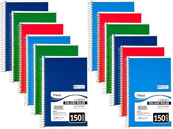 Spiral Bound Notebook, College Rule, 6 X 9-1/2, 3 Subject 150 Sheets/Pad [Set of 2]