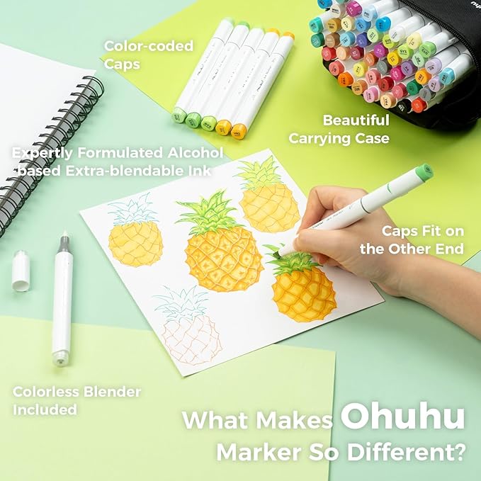 Ohuhu Alcohol Markers Brush and Chisel Tip: 48-Color Double Tipped Art Marker Set for Artist Adults Cozy Coloring Illustrations - Honolulu - Brush and Chisel Dual Tips- Refillable - AP Certificated