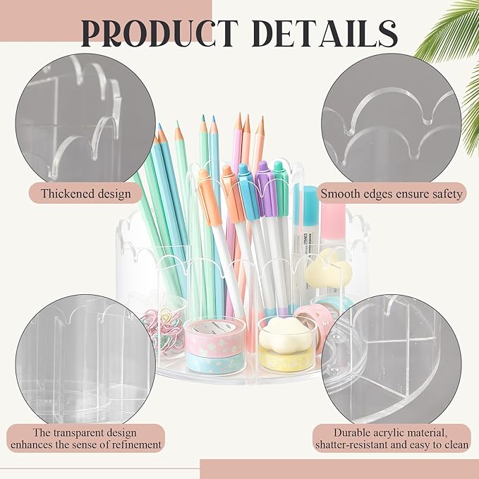 Scalloped Acrylic Pencil Holder Desk Organizer with 9 Compartments 360 Degree Rotating Pencil Organizer Desktop Storage Caddy for Pen Crayon Marker Art Supply for Office Home School